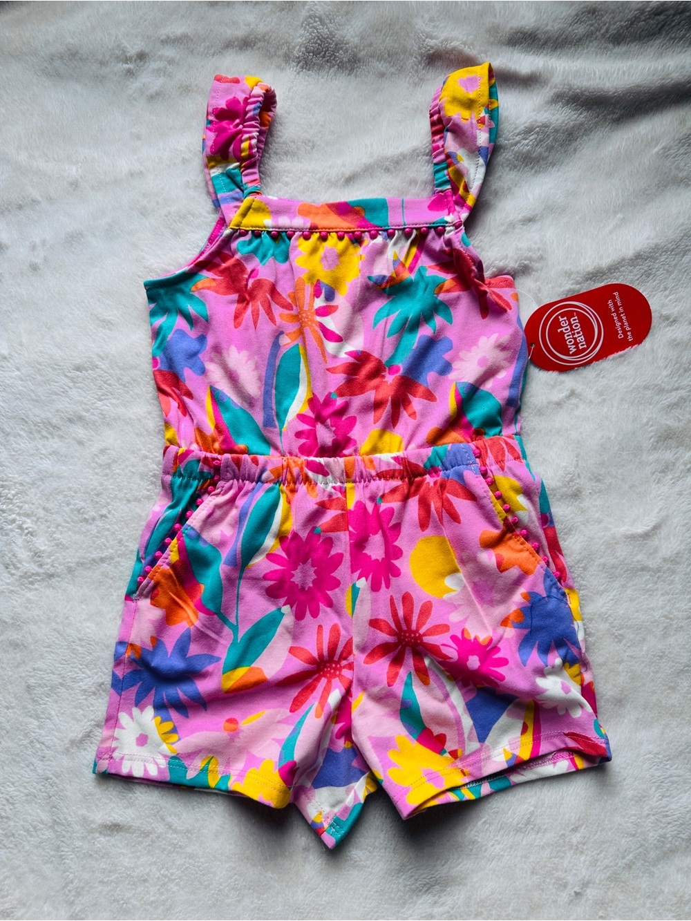 wonder nation Pink Floral Tropical Romper Shorts with Multicolor Blooms